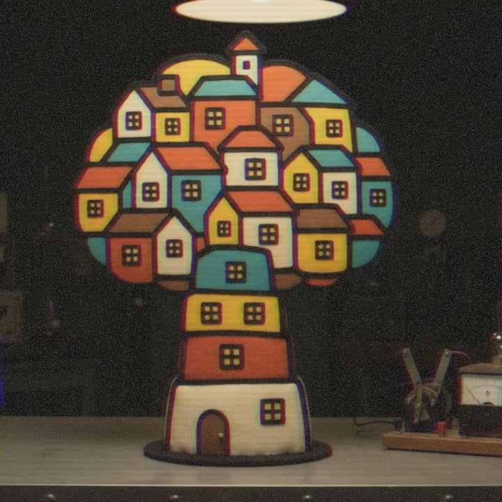 Trees, Rivers & UFOs Treehouse Homes FrankenFarm film featuring the multicoloured house-tree felt puppet in a dark vintage laboratory.
