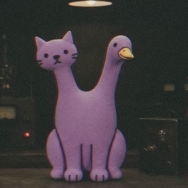 Trees, Rivers & UFOs FrankenFarm film featuring the purple Quackcat cat and duck felt puppet in a dark vintage laboratory.
