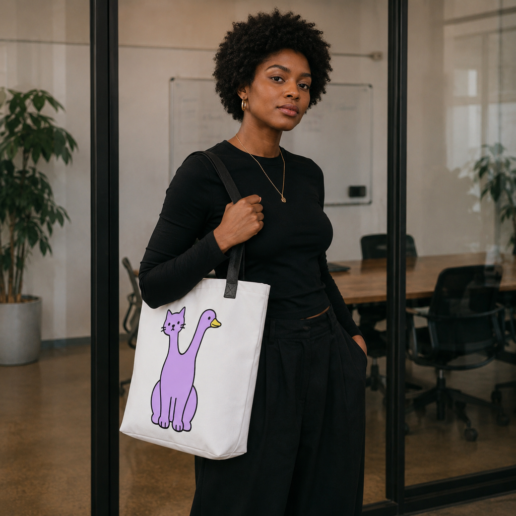 Woman carrying the Quackcat Tote Bag by Trees, Rivers & UFOs in a coworking space, featuring the purple two-headed cat and duck artwork.