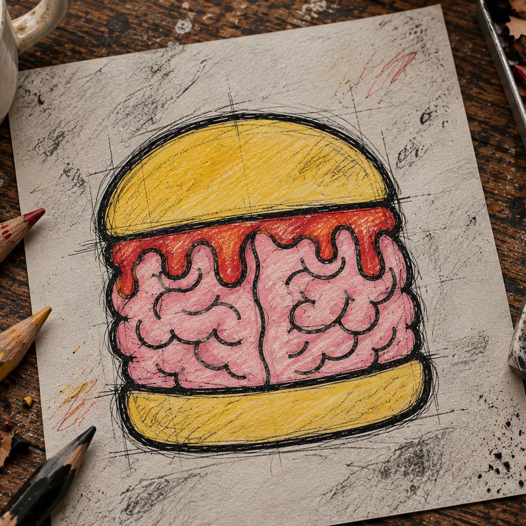 A hand-drawn illustration of a brain burger on textured paper, surrounded by colored pencils, a coffee cup, and charcoal on a wooden table.
