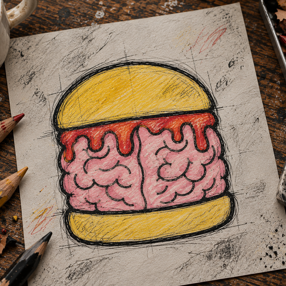 A hand-drawn illustration of a brain burger on textured paper, surrounded by colored pencils, a coffee cup, and charcoal on a wooden table.