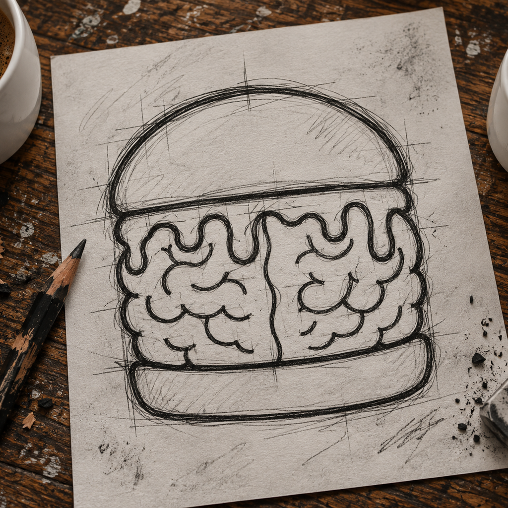 A hand-drawn black ink sketch of a dripping sandwich or burger on a sheet of paper, styled on a rustic wooden table with coffee cups, a pencil, and charcoal nearby.