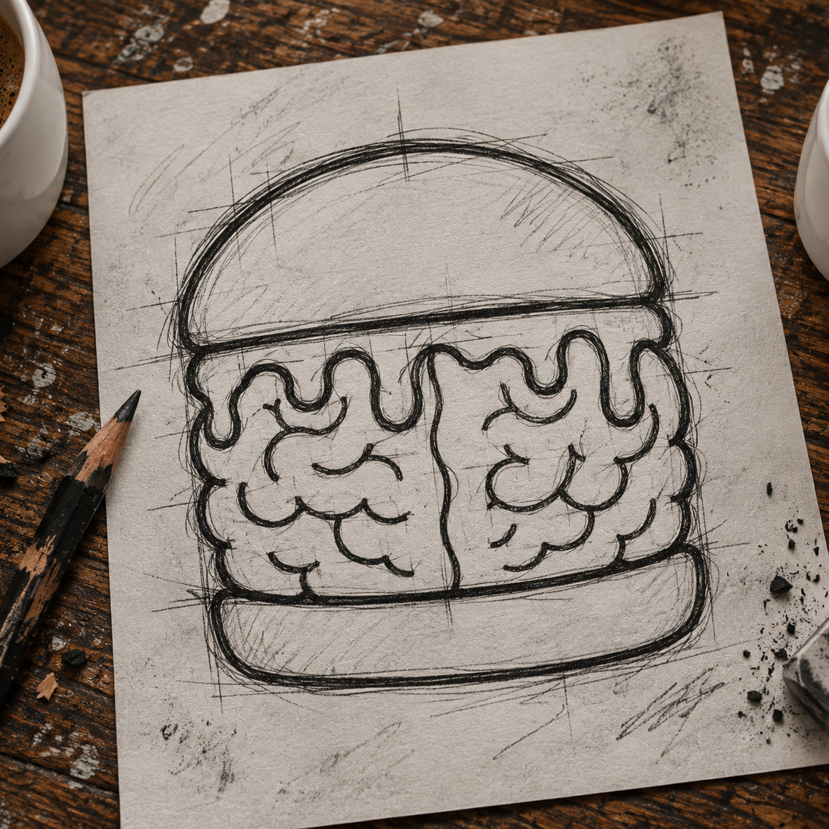 A hand-drawn black ink sketch of a dripping sandwich or burger on a sheet of paper, styled on a rustic wooden table with coffee cups, a pencil, and charcoal nearby.