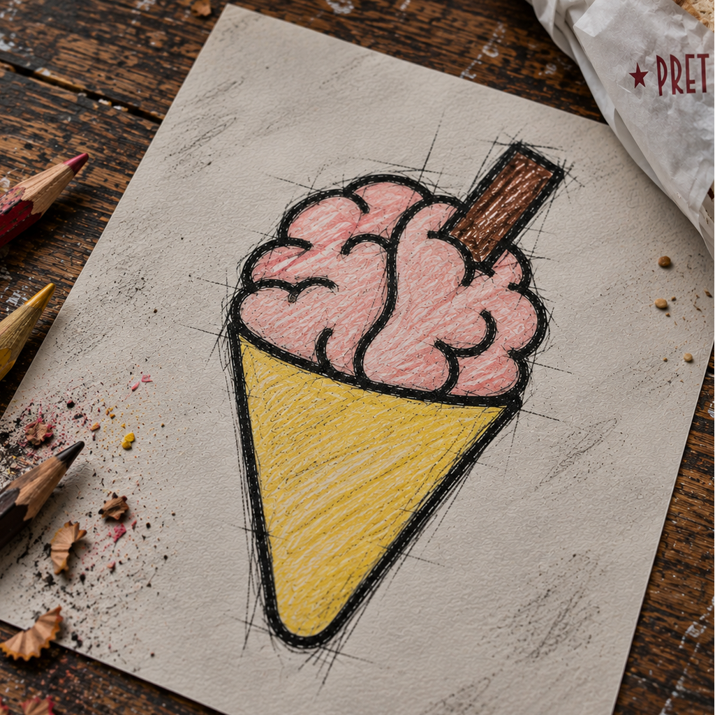 A hand-drawn sketch of a pink ice cream cone on beige paper, placed on a rustic wooden table with colored pencils and a Pret sandwich nearby.