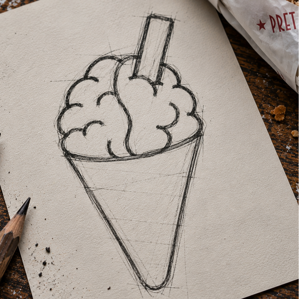 A hand-drawn sketch of a dessert or ice cream cone on beige paper, styled on a rustic wooden table with pencils, crumbs, and a pretzel roll nearby.