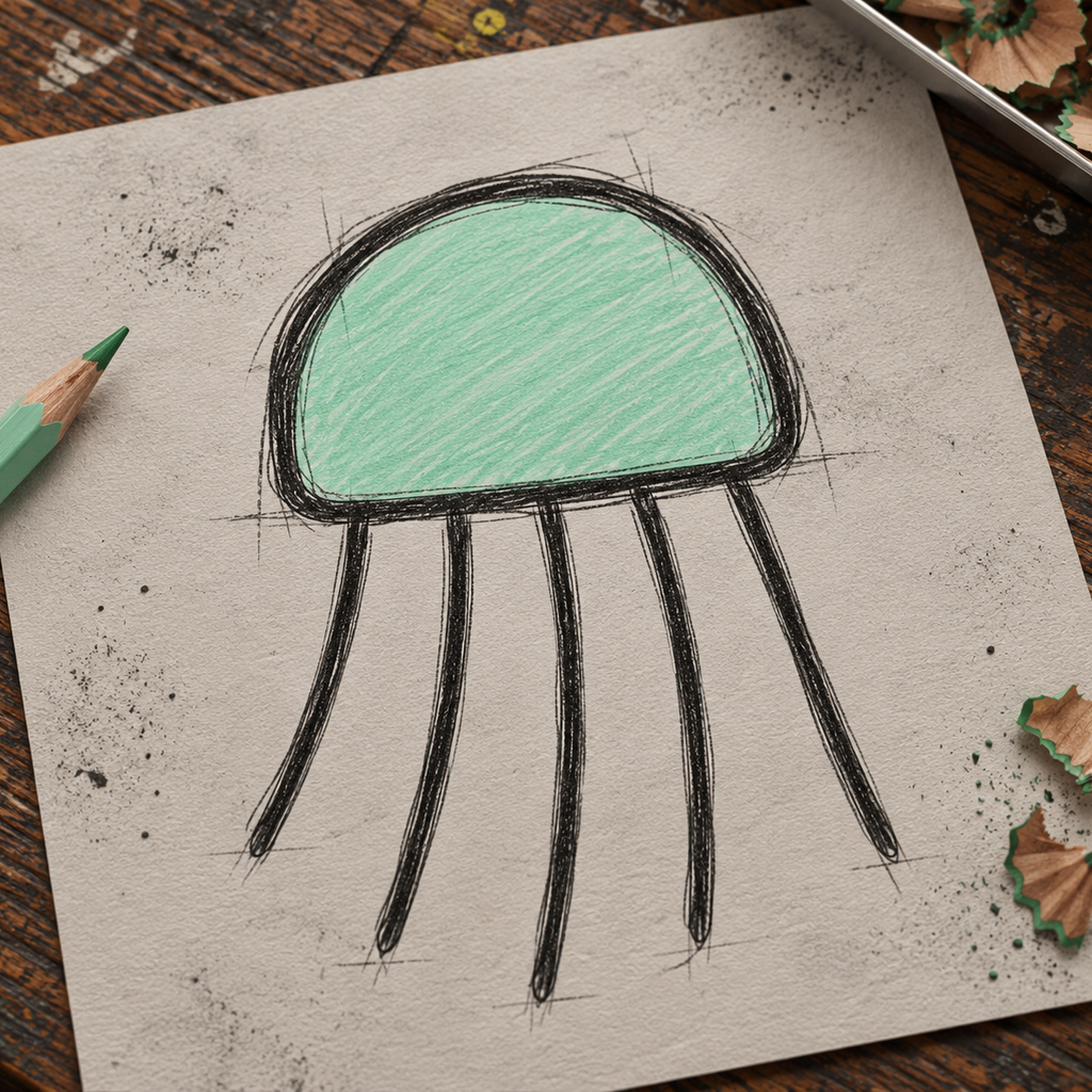A hand-drawn jellyfish illustration on textured paper, with a mint green filled dome head and black sketch lines on a wooden table surrounded by colored pencils and pencil shavings.