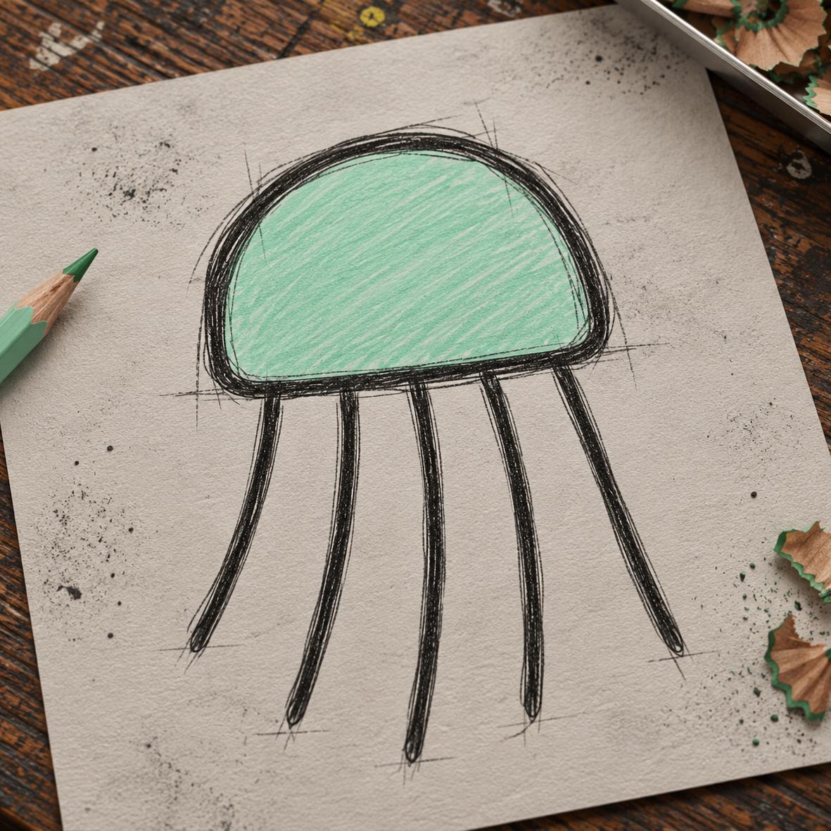 A hand-drawn jellyfish illustration on textured paper, with a mint green filled dome head and black sketch lines on a wooden table surrounded by colored pencils and pencil shavings.