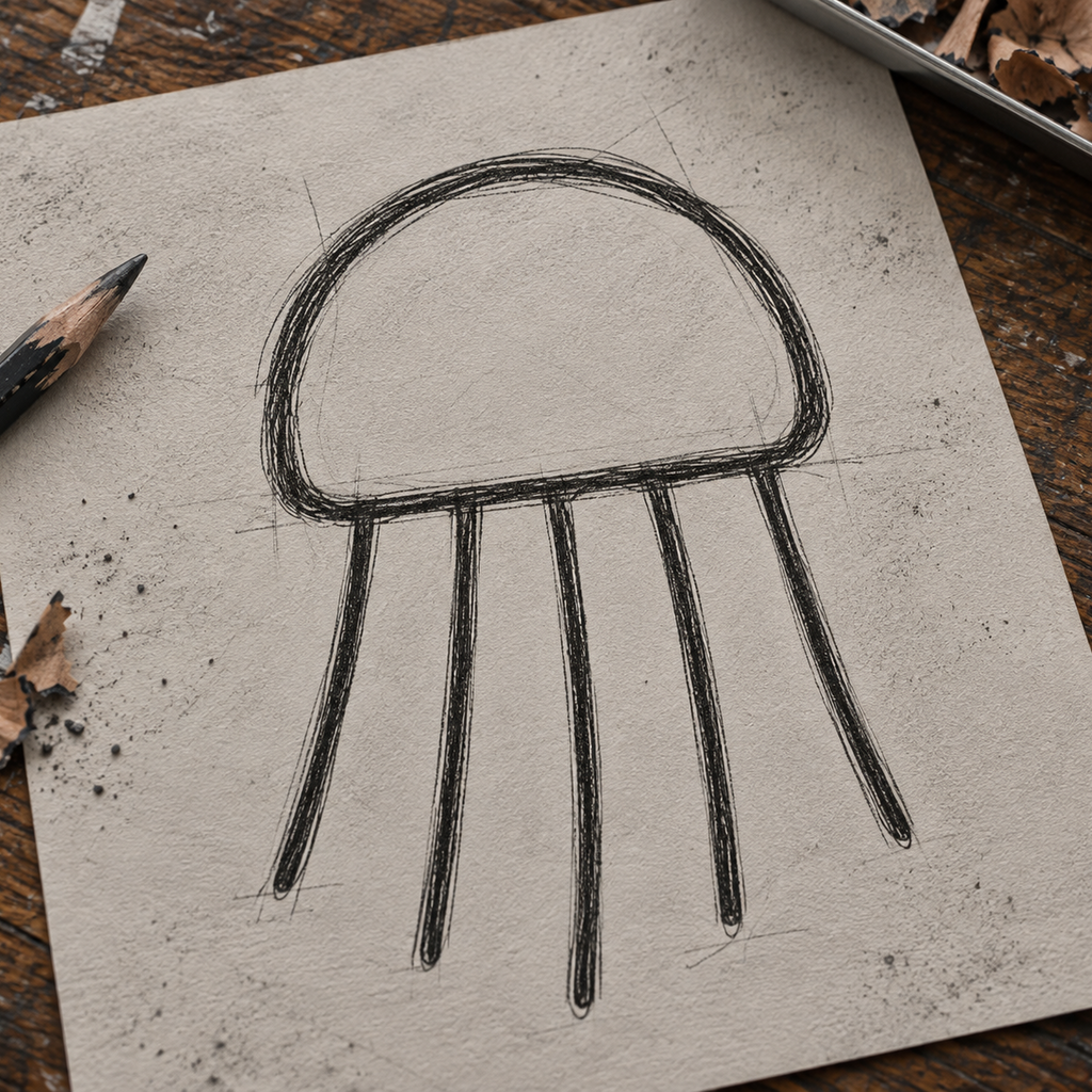 A hand-drawn jellyfish sketch on textured beige paper, placed on a rustic wooden table with a pencil, wood shavings, and a metal pencil case nearby.