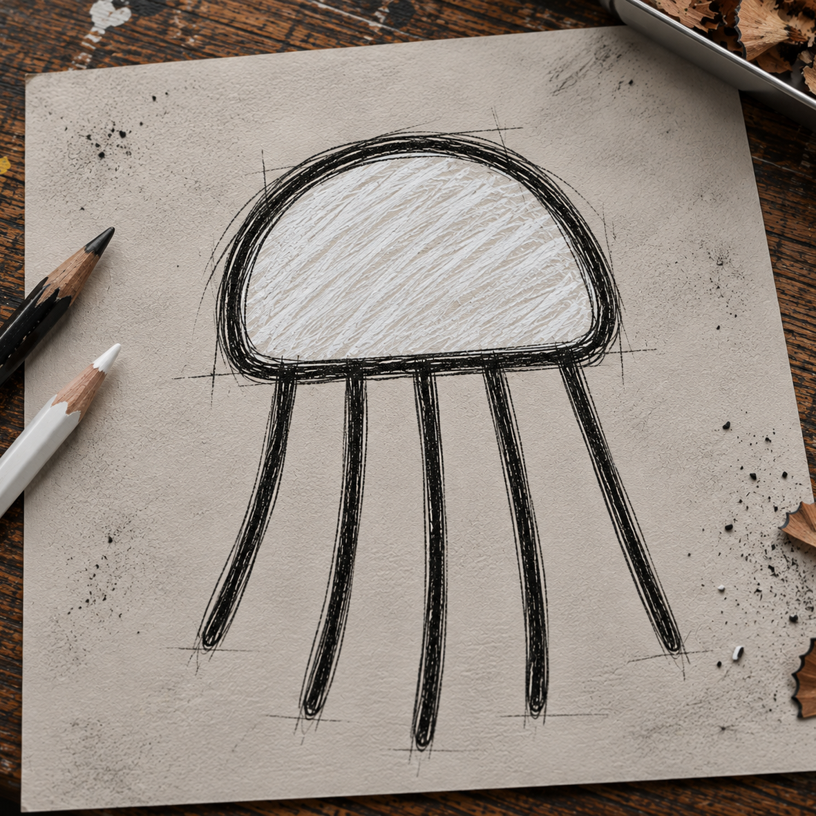 A hand-drawn jellyfish sketch on textured beige paper, surrounded by colored pencils and wood shavings on a rustic wooden table.