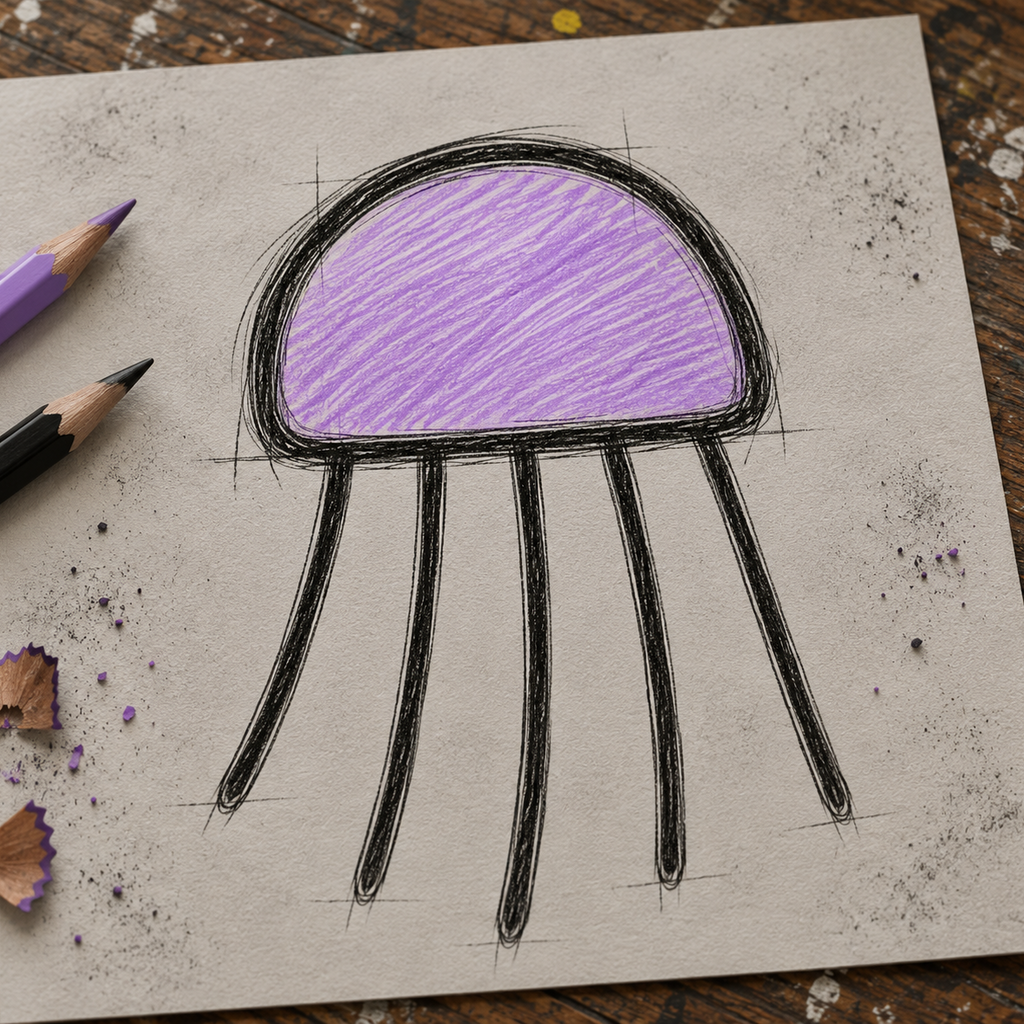 A hand-drawn jellyfish illustration on a square sheet of beige paper, placed on a rustic wooden surface with colored pencils and pencil shavings nearby.