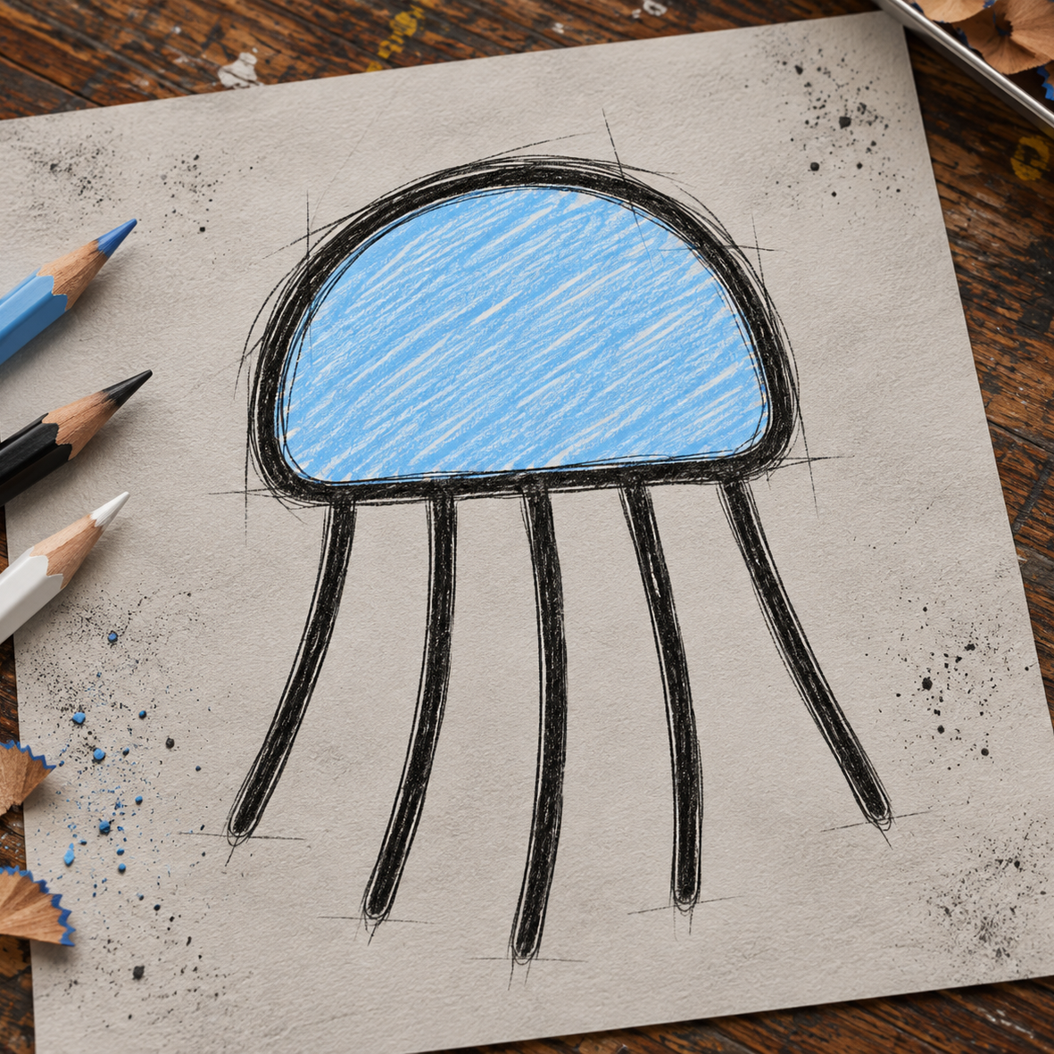 A hand-drawn jellyfish sketch on textured paper, with a blue shaded dome and black sketch lines, surrounded by colored pencils on a wooden surface.