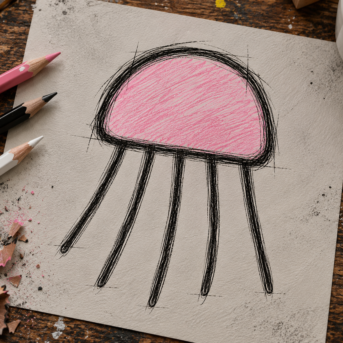 A hand-drawn jellyfish illustration on textured paper, colored pink in the upper dome with black sketch lines and rays below, surrounded by colored pencils and wood shavings on a wooden surface.