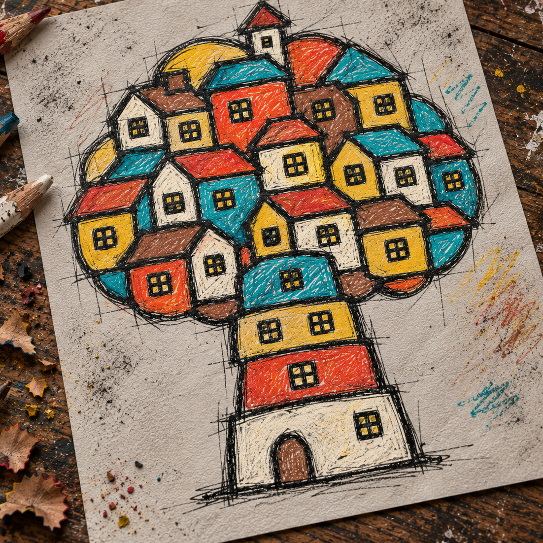 A colorful hand-drawn illustration of a tree made of many small houses, sketched on textured paper and placed on a rustic wooden surface with colored pencils around it.