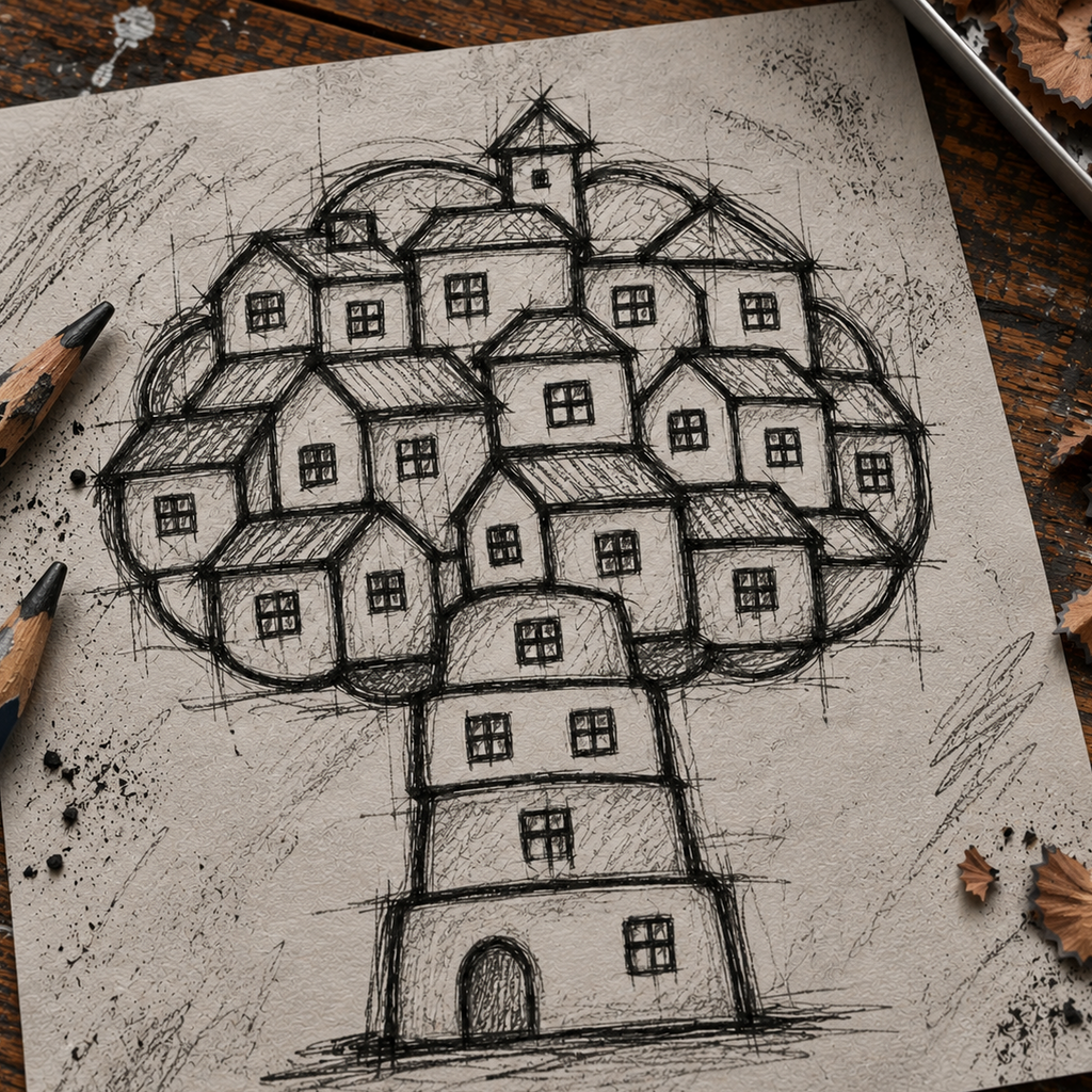 A black ink sketch of a house-shaped tree on textured paper, styled on a rustic wooden table with pencils and wood shavings.