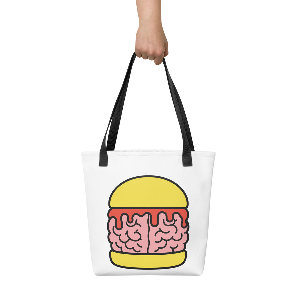 White Trees, Rivers & UFOs Brain Burger art tote bag with black handles and colourful brain burger graphic, shown against a clean background.
