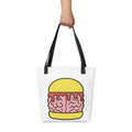 Trees, Rivers & UFOs Brain Burger Tote Bag front view, featuring colourful brain and burger artwork on a white tote with black handles.