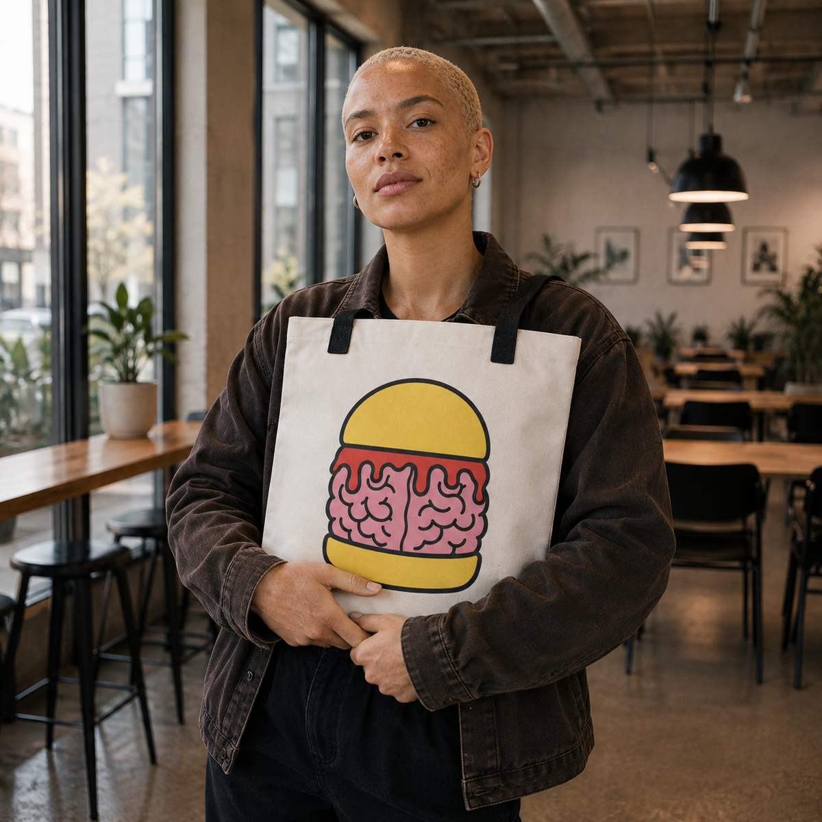 Woman holding the Brain Burger Tote Bag by Trees, Rivers & UFOs in a modern co-working space.