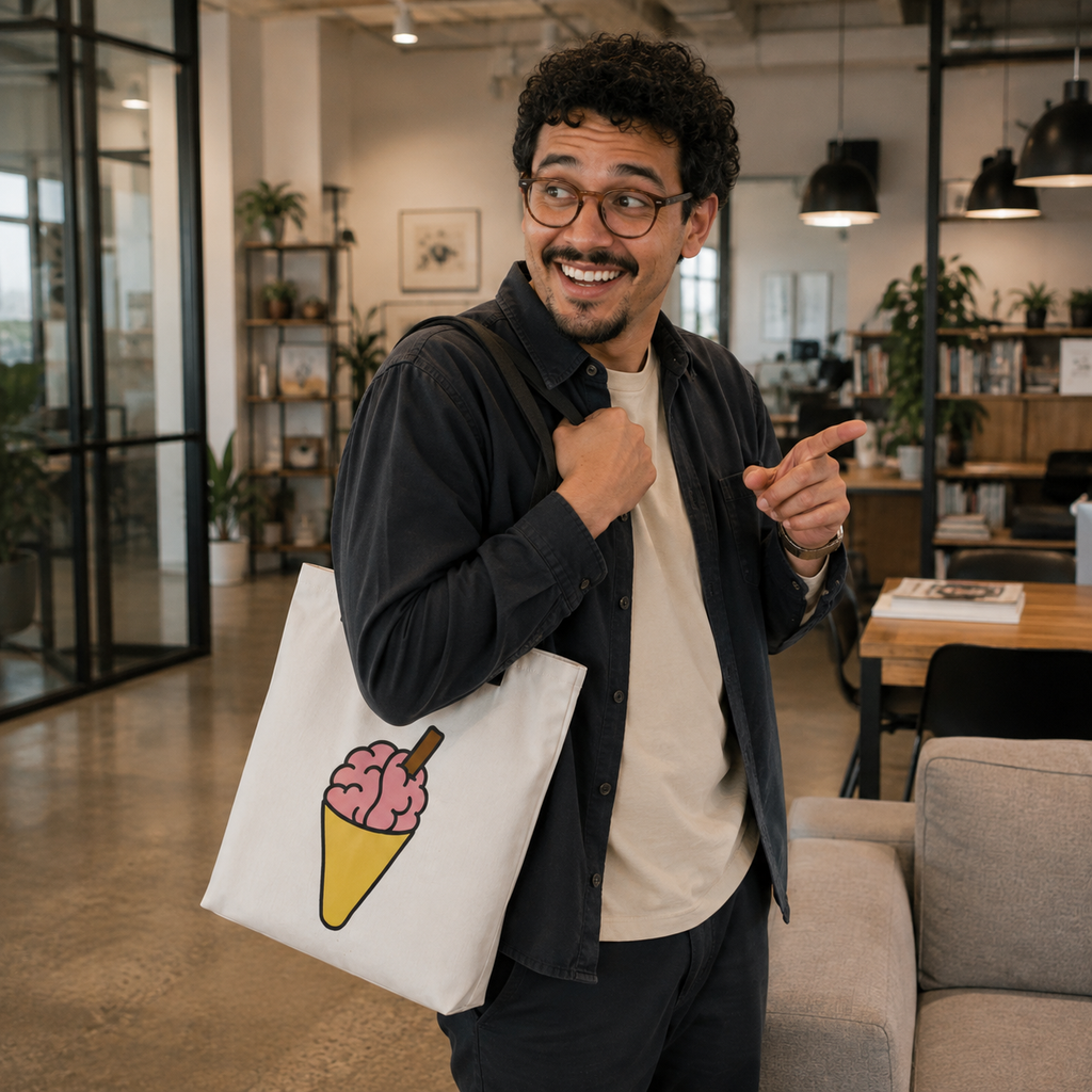 Man carrying the Brain Cream Tote Bag by Trees, Rivers & UFOs in a modern co-working space.