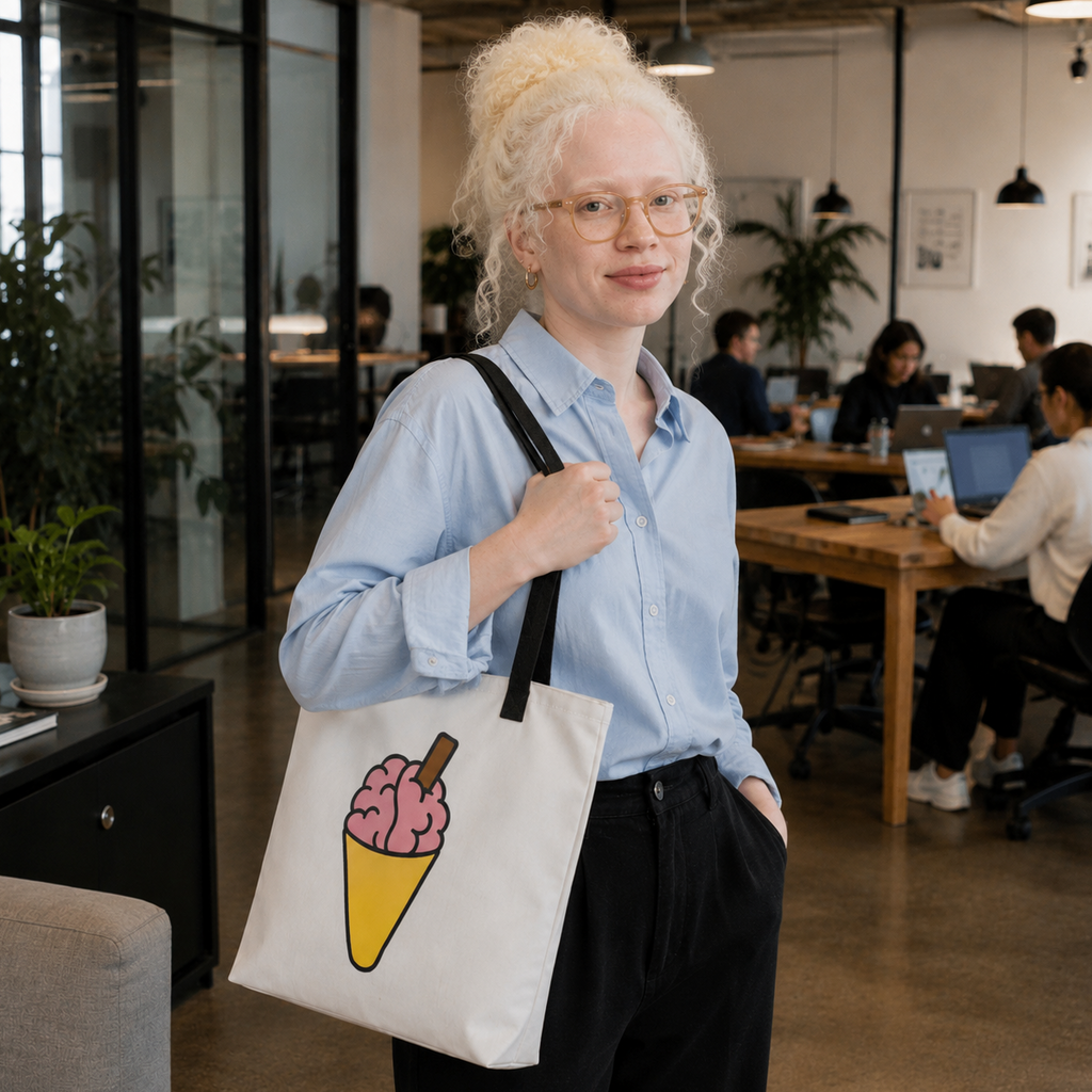 Woman carrying the Brain Cream Tote Bag by Trees, Rivers & UFOs in a modern co-working space.