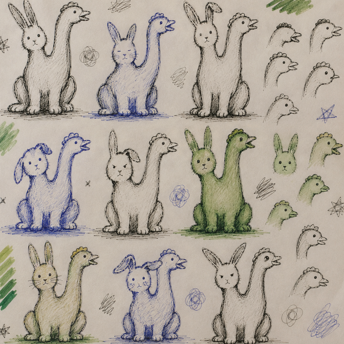 Working drawings showing variations, corrections and development of the Trees, Rivers & UFOs creature.