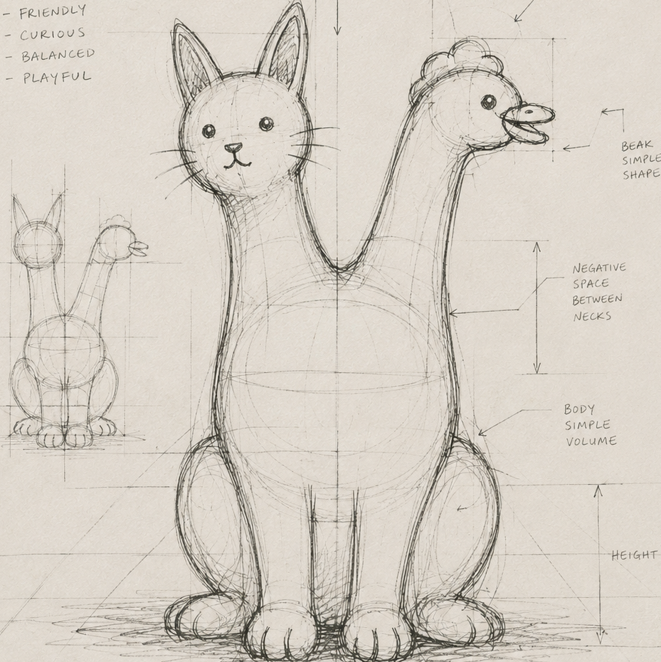 Early hand-drawn sketch showing the first rough version of a Trees, Rivers & UFOs creature idea.