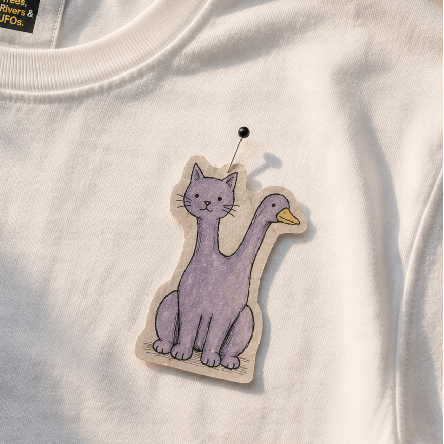 Fabbit rabbit and fish concept sketch pinned to a white T-shirt during development of the Trees, Rivers & UFOs FrankenFarm design.