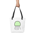 White Forest Jellyfish tote bag with green artwork and black handles.