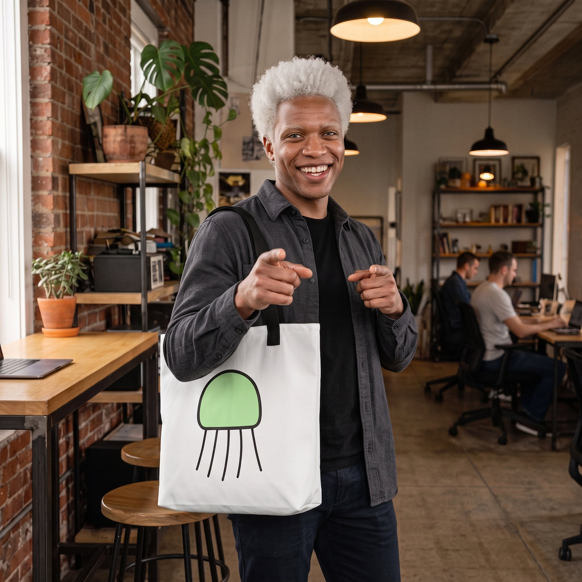 Man carrying the Forest Jellyfish tote bag by Trees, Rivers & UFOs. Bag. 