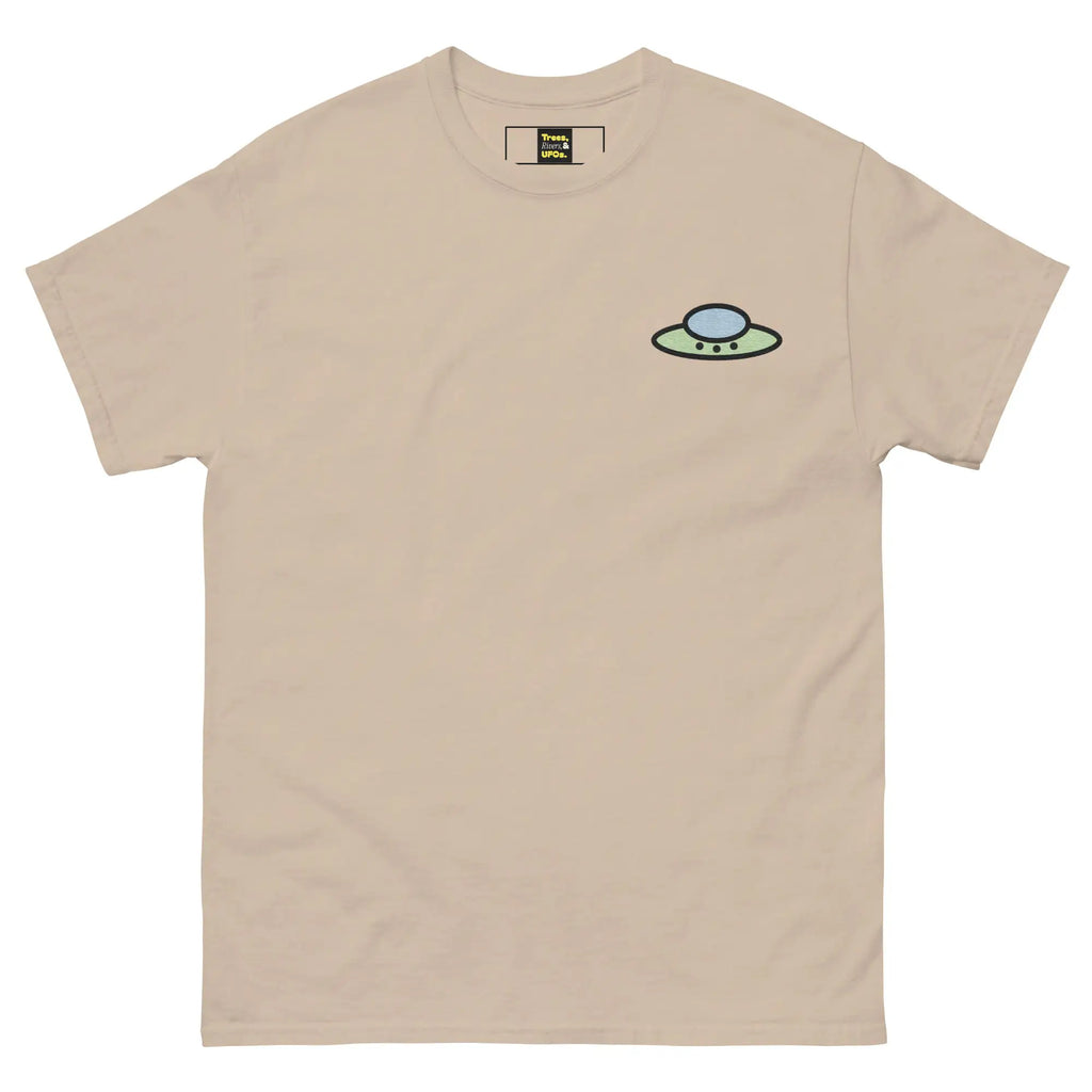 Digital front-view mockup of the sand Trees, Rivers & UFOs Forest Tee.