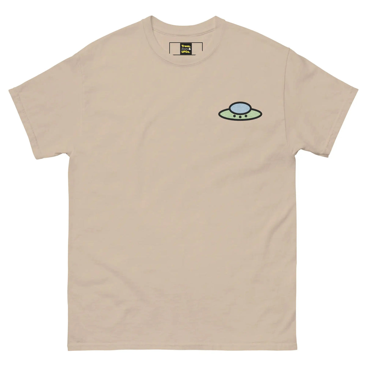 Digital front-view mockup of the sand Trees, Rivers & UFOs Forest Tee.