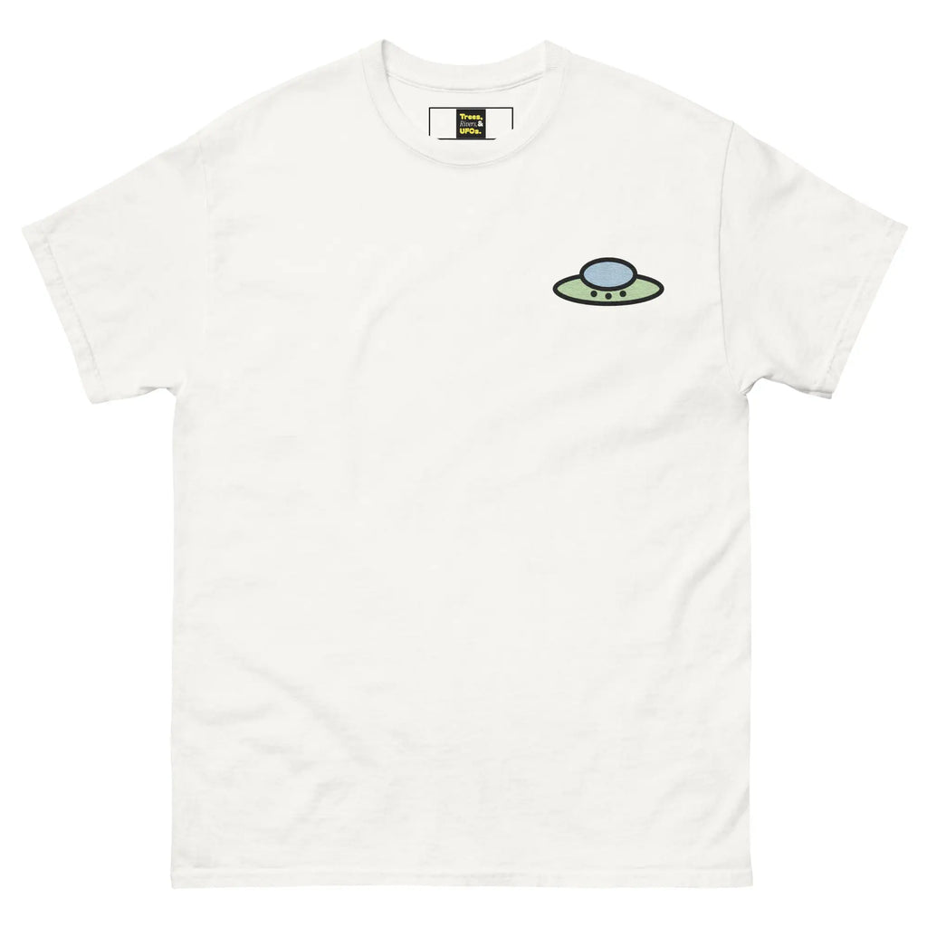 Digital front-view mockup of the white Trees, Rivers & UFOs Forest Tee.