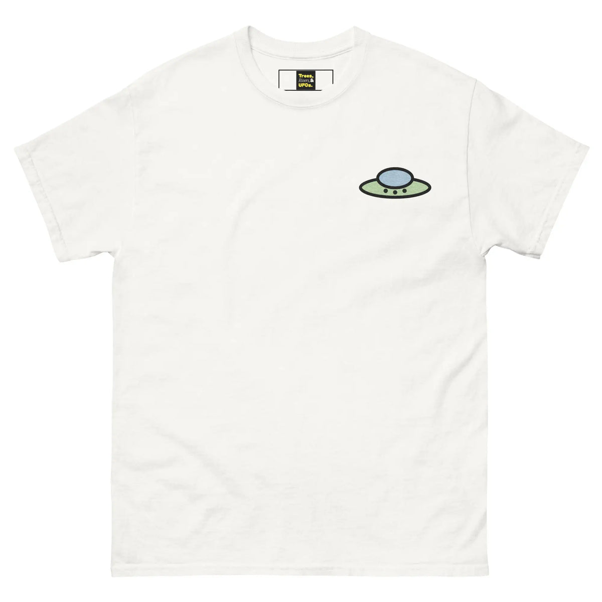 Digital front-view mockup of the white Trees, Rivers & UFOs Forest Tee.