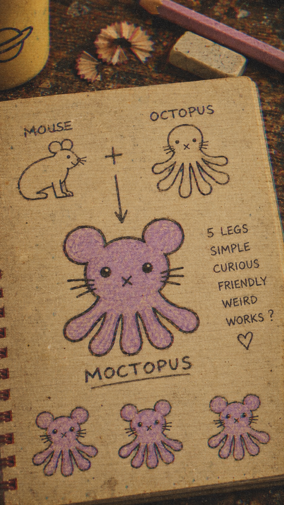 A close-up of a sketchbook page featuring a hand-drawn concept illustration of a 'moctopus' combining a mouse and octopus design, with the text '5 LEGS SIMPLE CURIOUS FRIENDLY WEIRD WORKS ?'.