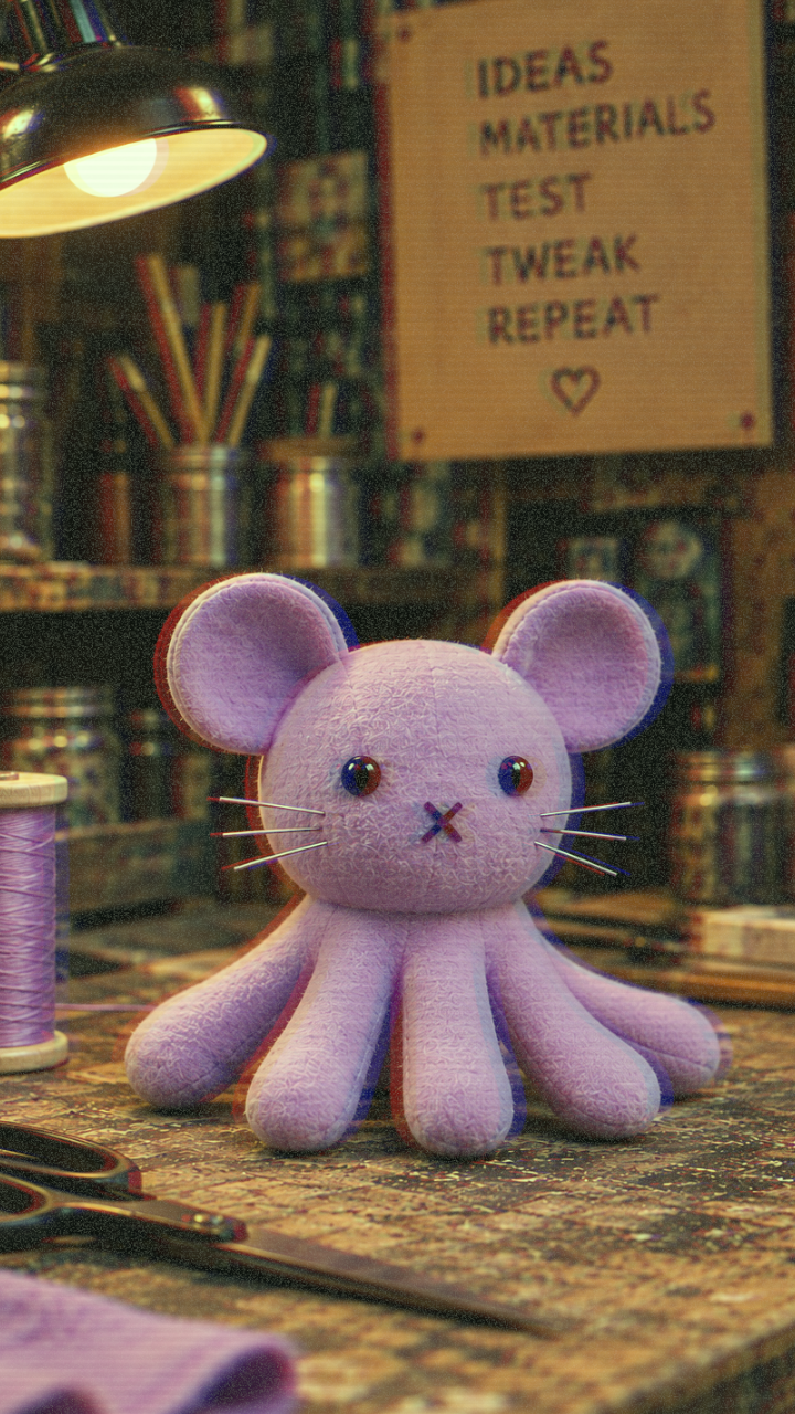 Handmade purple Moctopus with five tentacles on a workshop table for the Trees, Rivers & UFOs FrankenFarm.