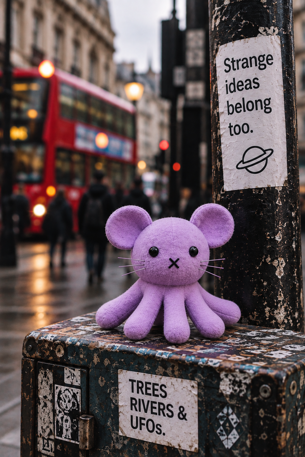 Purple five-legged Moctopus in the street as part of the Trees, Rivers & UFOs FrankenFarm world.