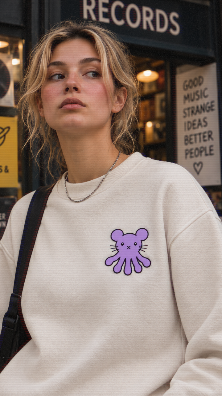 Woman wearing a sweatshirt with the purple Moctopus embroidered on the chest for Trees, Rivers & UFOs FrankenFarm.