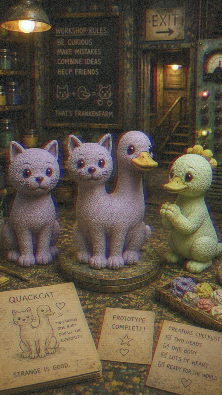 Cat and duck characters gather around a two-headed Quackcat in the FrankenFarm workshop.