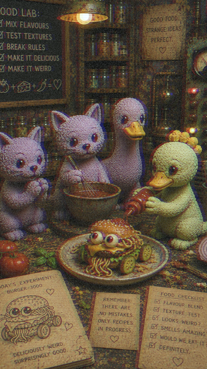 FrankenFarm characters experiment with food around a mixing bowl in the workshop.