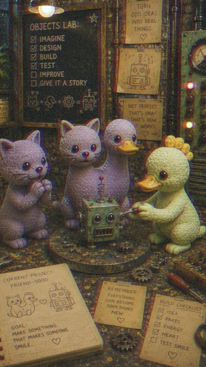 FrankenFarm characters examine a small robot on the workshop table.