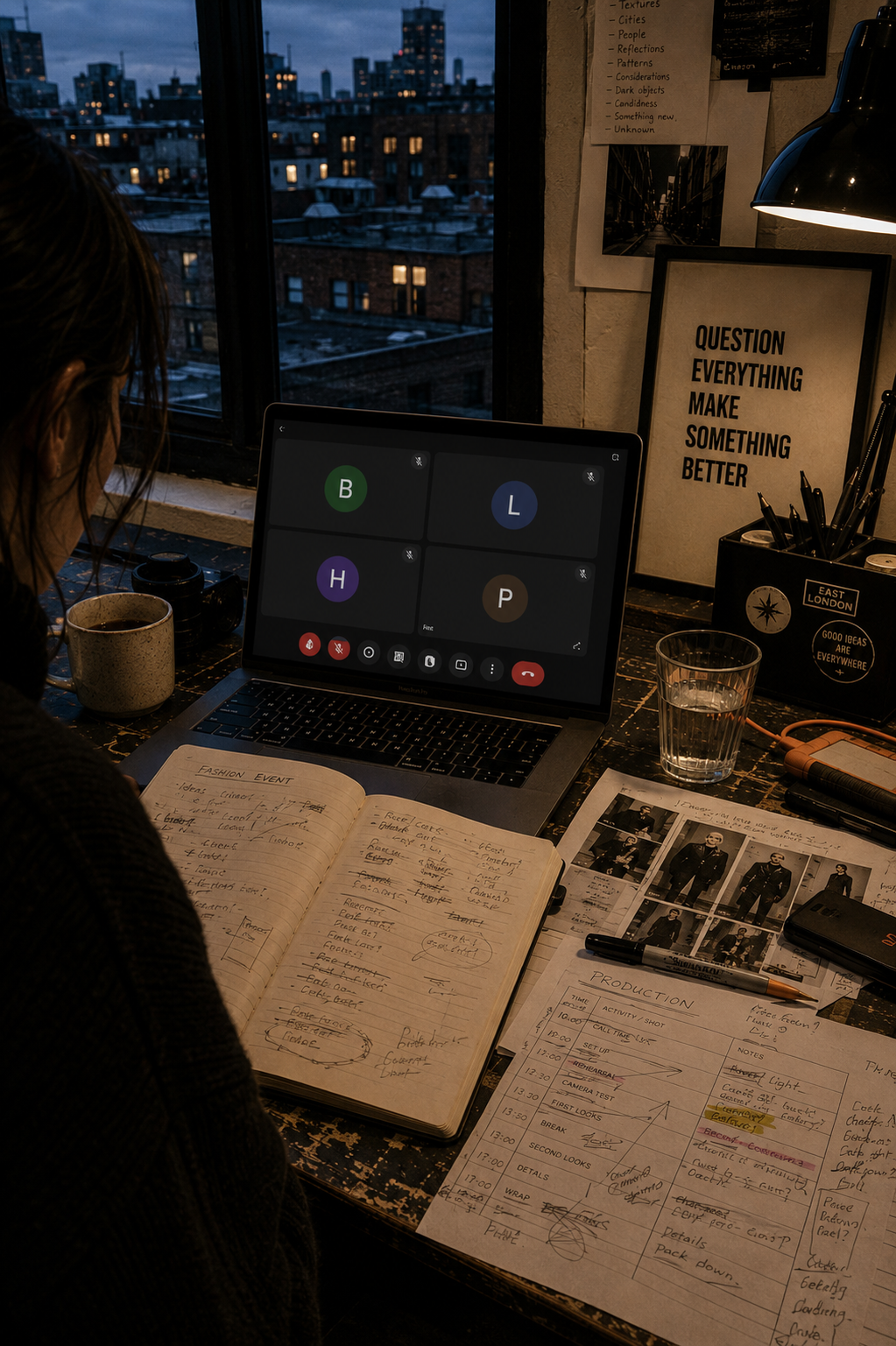 A person sits at a desk in a dimly lit room, facing a laptop during a video call. The desk is cluttered with handwritten notebooks, a glass of water, and printed materials, with a city skyline visible in the background window.