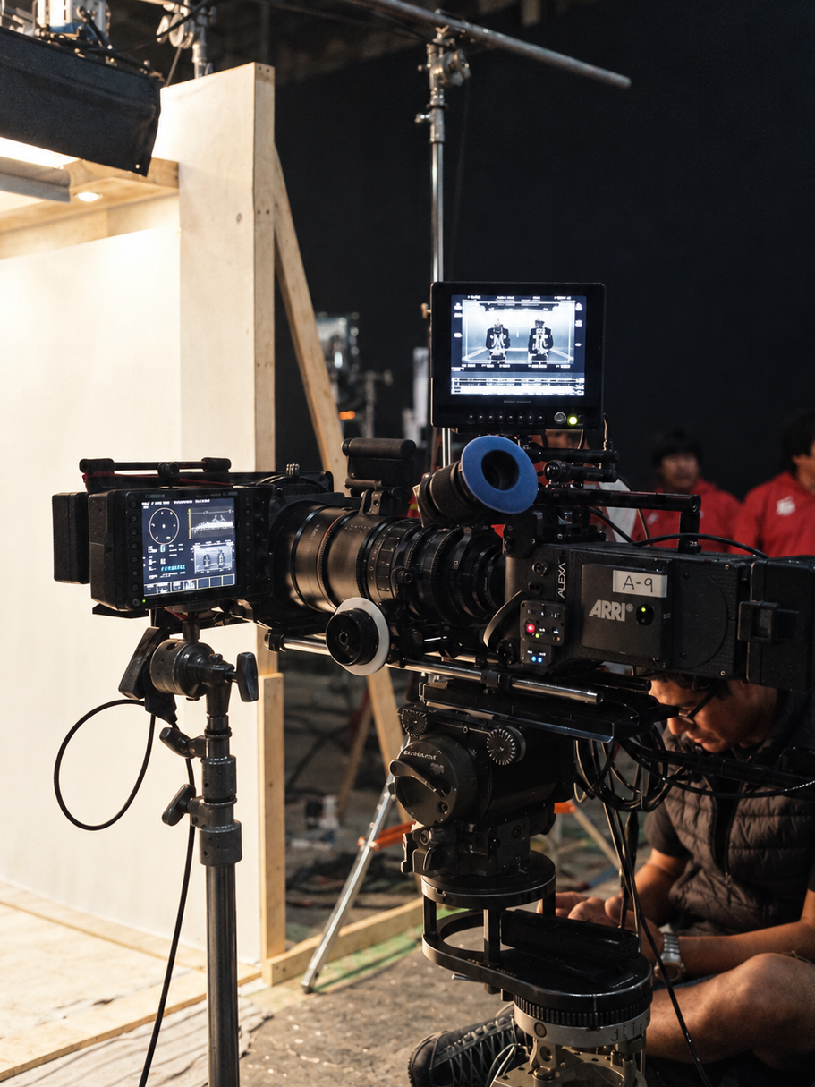 A professional film camera rig with an attached monitor and lighting accessories, set up on a film set with a crew member seated nearby and other crew members in the background.