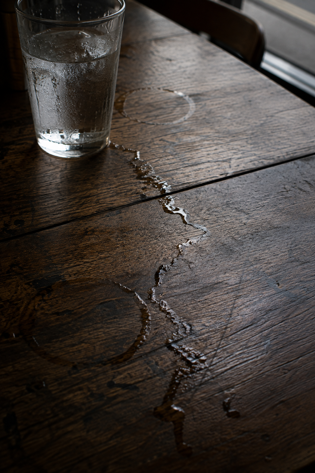A clear glass of water with condensation sits on a dark wooden table next to a spilled stream of water.