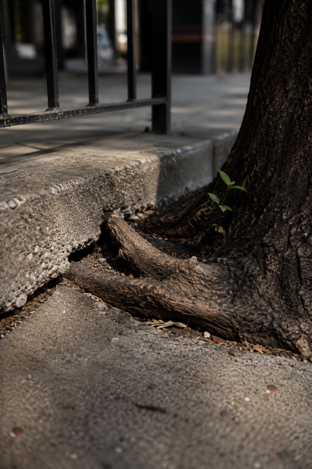 Close-up outdoor shot of a tree trunk and exposed roots at the base of a sidewalk curb, with a blurred street scene and black railing in the background.