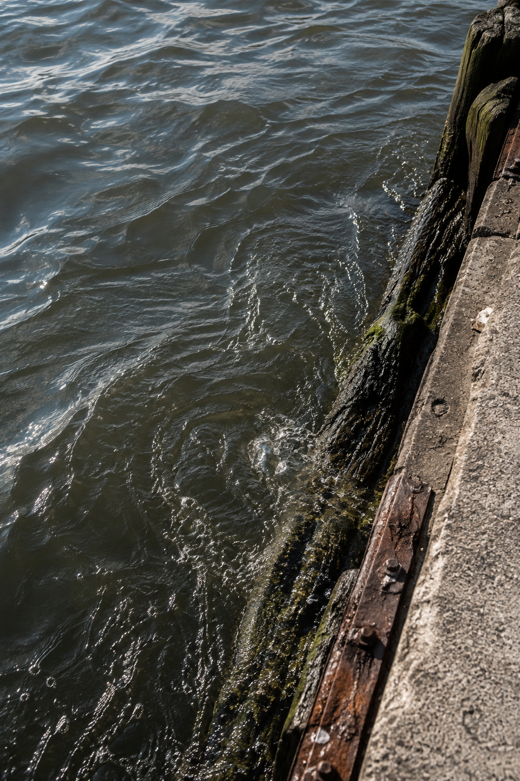 Close-up view of dark rippling water beside a weathered wooden dock or pier edge with a rough concrete surface.