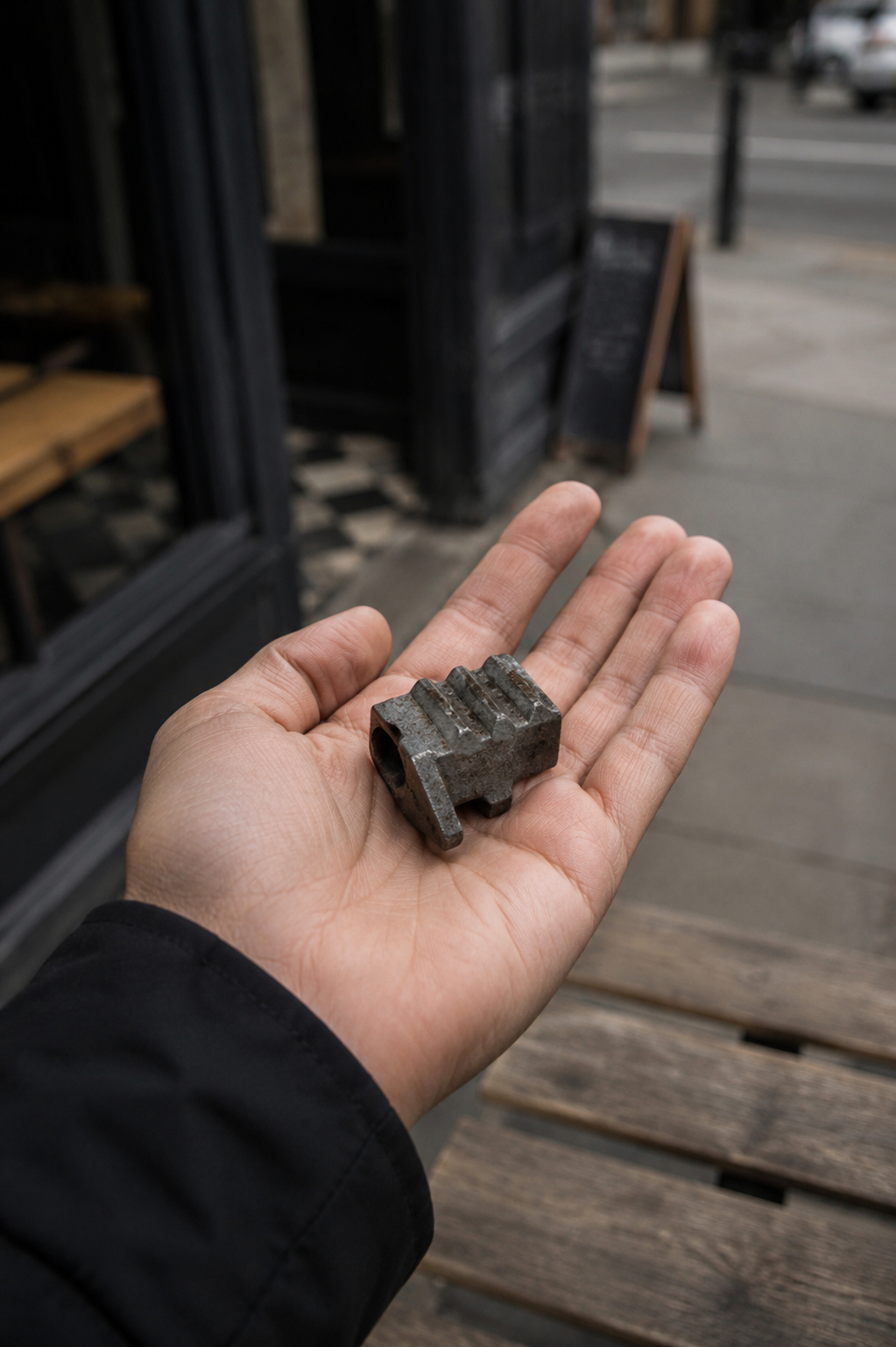 A hand holding a small, dark, textured metal hardware piece on a city sidewalk in front of a storefront.