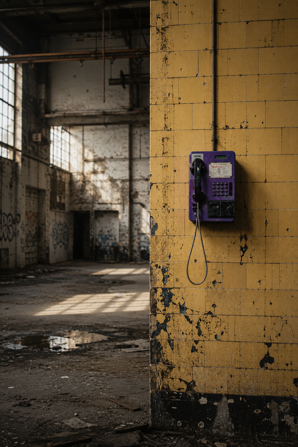 Purple payphone mounted on worn yellow tiles inside a derelict industrial building.
