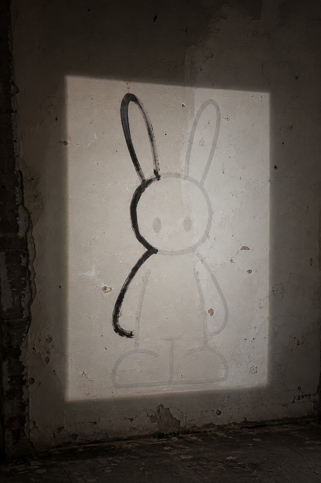 Partly traced rabbit character projected onto a rough studio wall.