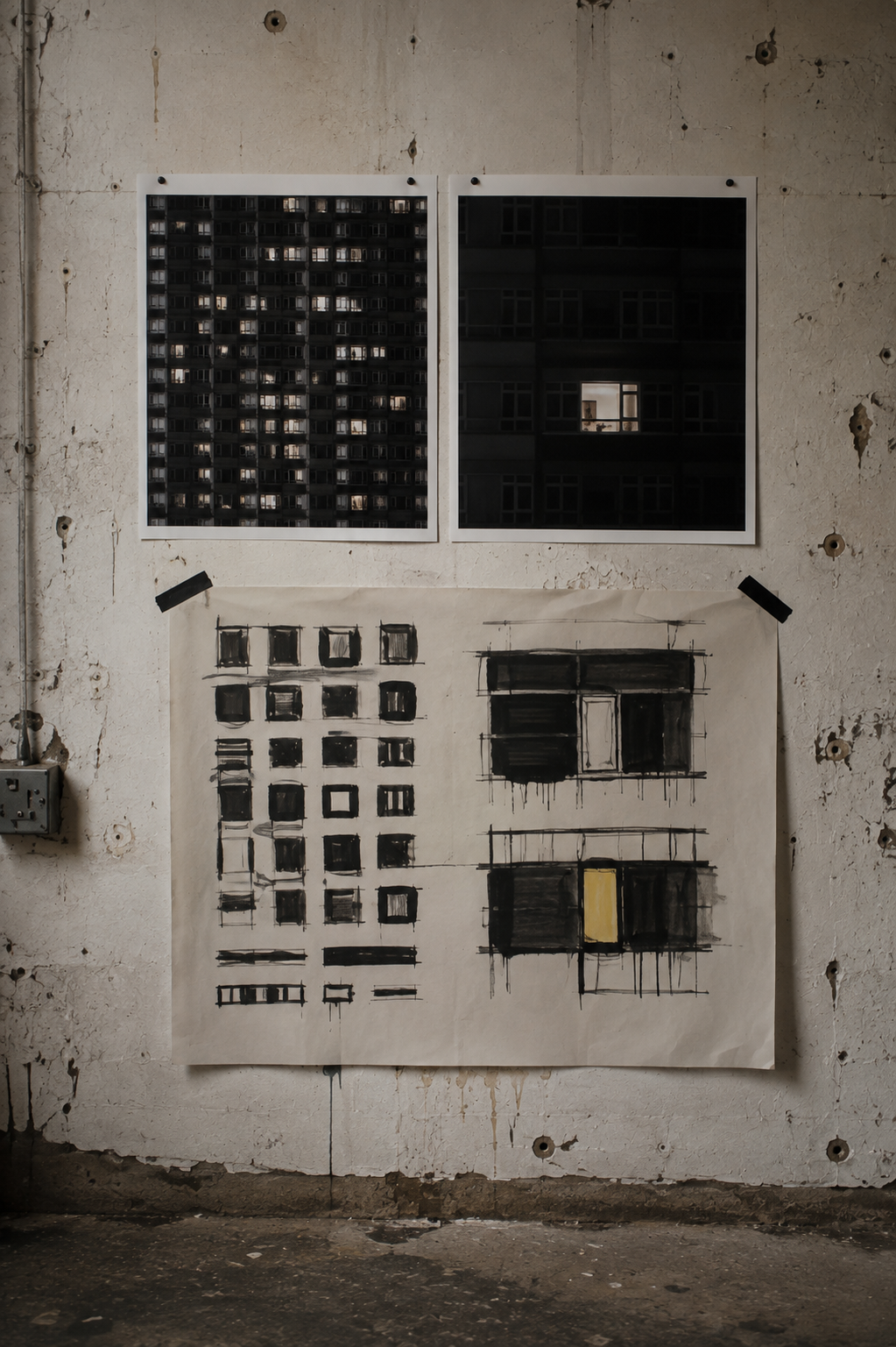 Night-time window photographs above drawn studies of window grids on a studio wall.