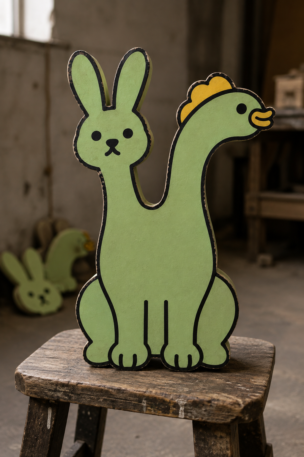 Green two-headed animal character with rabbit ears and a yellow crest, painted on a wooden cutout.
