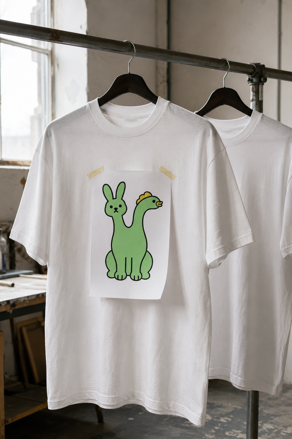 Paper mock-up of a green two-headed character taped to the front of a white T-shirt.